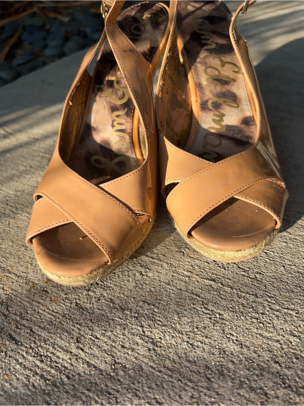 Vintage Sam Edelman Tan patent leather Wedge Sandals - Open Toe Slingback